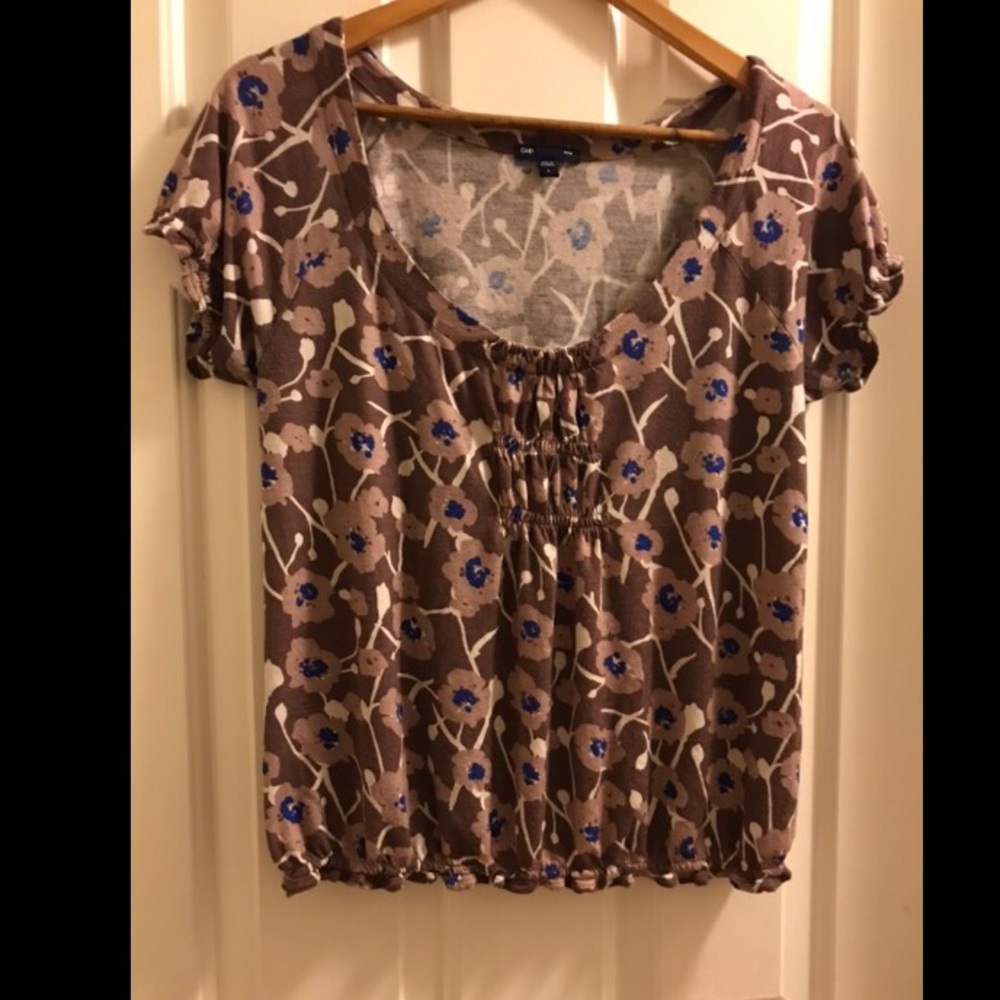 Gap short sleeve brown blue floral blouse large